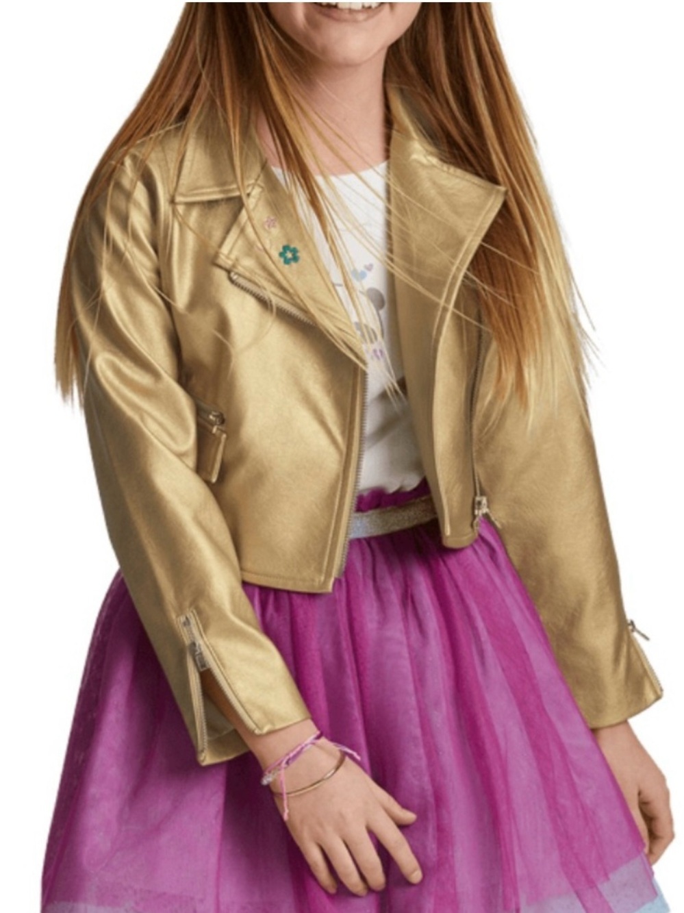 American Girl Truly Me Metallic Gold Embroidered Moto Jacket, Size 7-8y